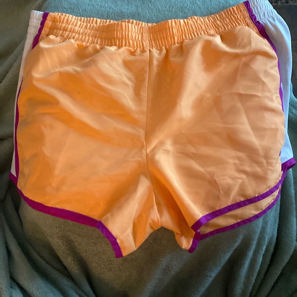 Orange, purple, and white workout shorts!